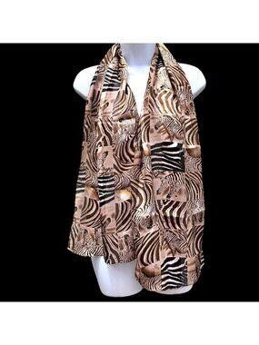 Zebra Print Satin Scarf Into Africa  Beige Brown Tan Rectangular 13x56